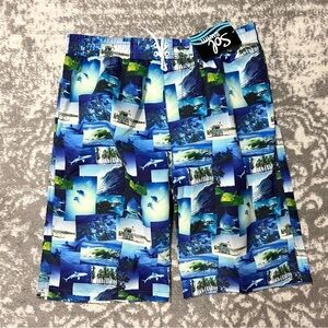 Sol Swim Boys Blue Memoirs Print Board Swim Shorts NWT L 14/16